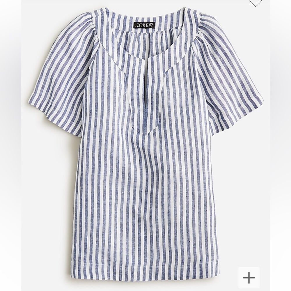 J Crew Flutter Sleeve V Neck Linen Top Navy Blue White Stripes- Size Small